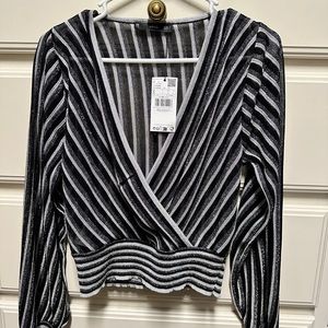 Mango metallic striped top with crossover neckline size s